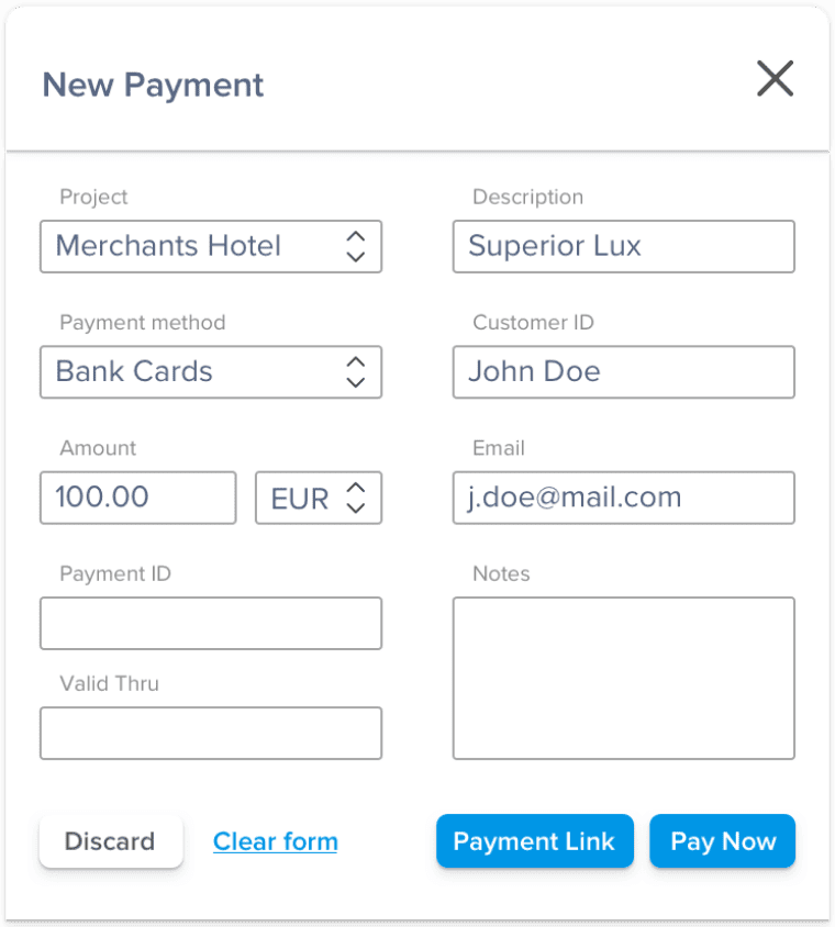 an example of creating a new payment in merchant dashboard
