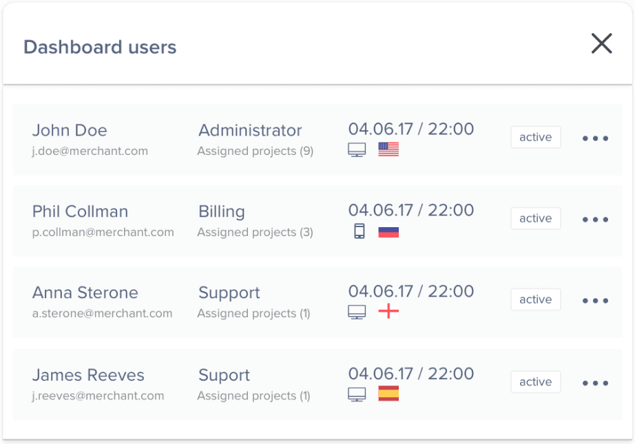an example of a list of users with assigned roles in the merchant dashboard