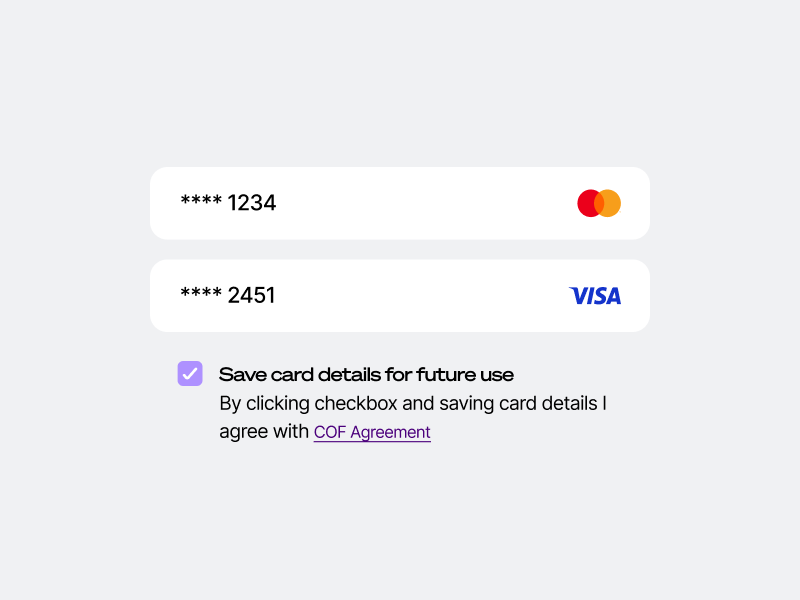 example of managing saved cards during checkout on payment page